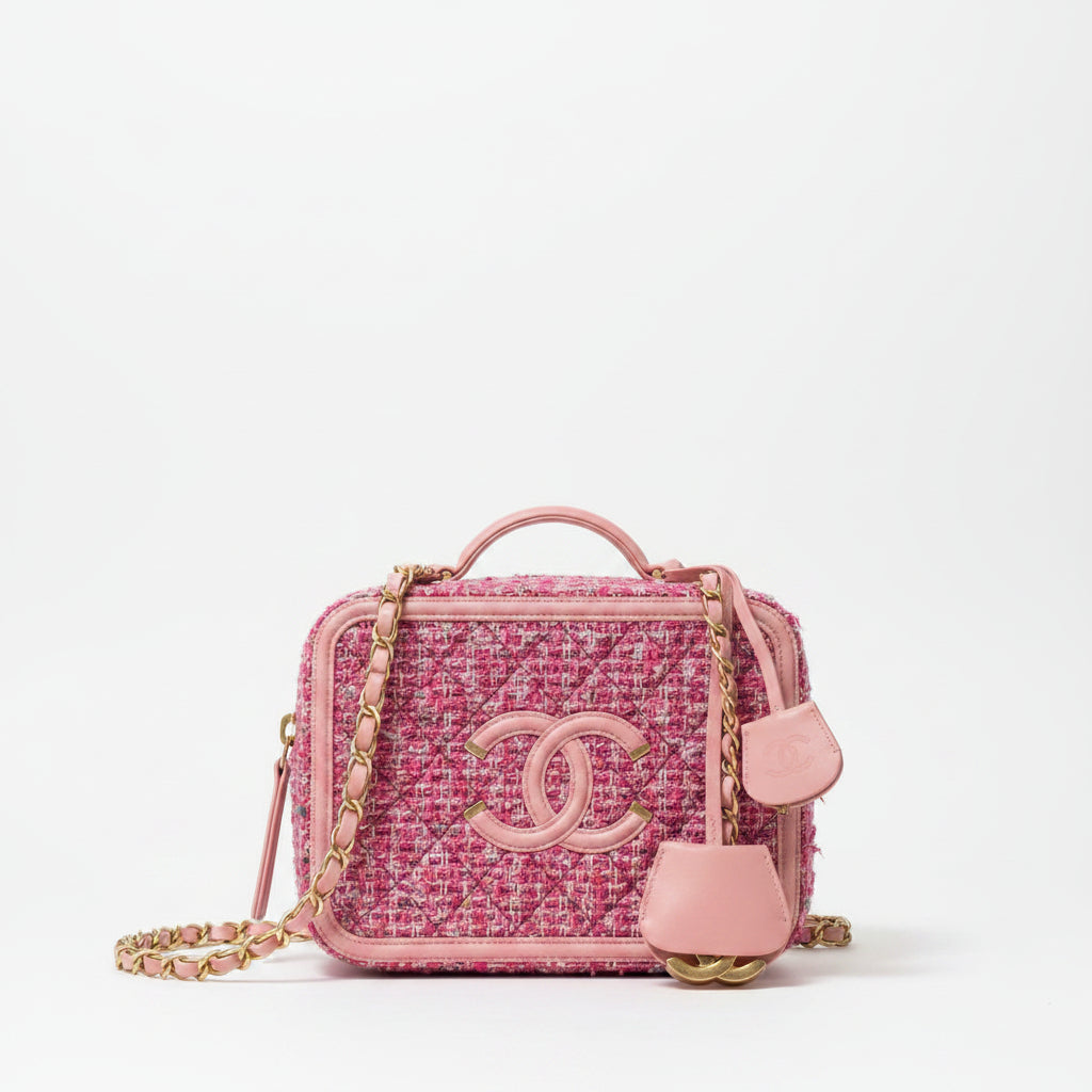 Chanel Small Filigree Vanity Case Pink Tweed
